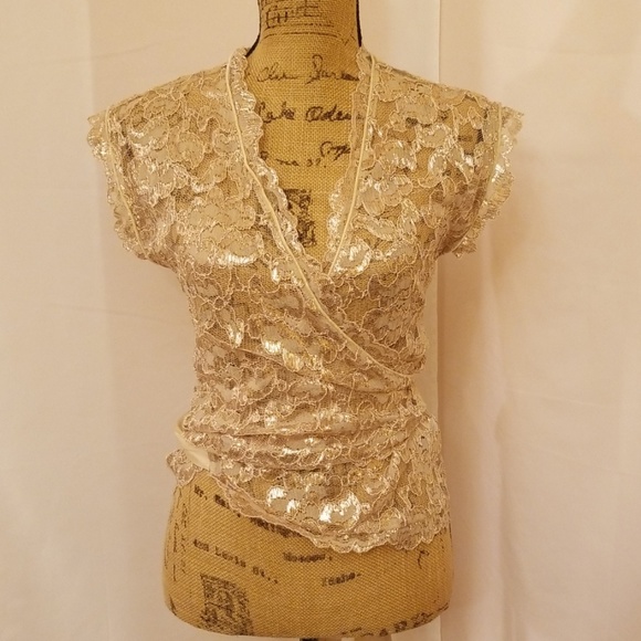 The Limited Tops - The Limited festival gold metallic lace wrap sheer